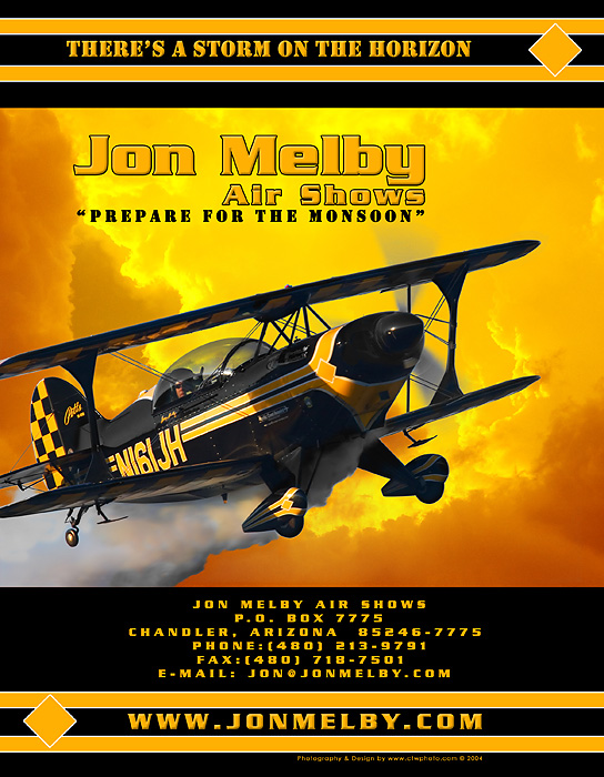 The Monsoon-era ICAS magazine advertisement: a black and yellow Pitts biplane with a checkered tail against a gold storm sky, headed 'There's a storm on the horizon', with 'Prepare for the Monsoon' beneath the wordmark, and yellow bars framing the top and foot.