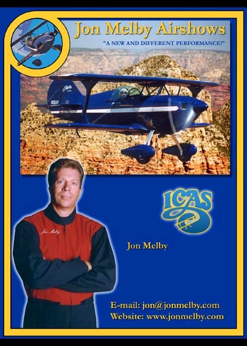 The earlier Jon Melby Airshows advertisement: a blue and white Pitts biplane photographed over red rock canyon, inside a blue and gold bordered frame, with a serif wordmark, the line 'A new and different performance', a cut-out portrait of the pilot in a flight suit, an ICAS logo and a contact block.