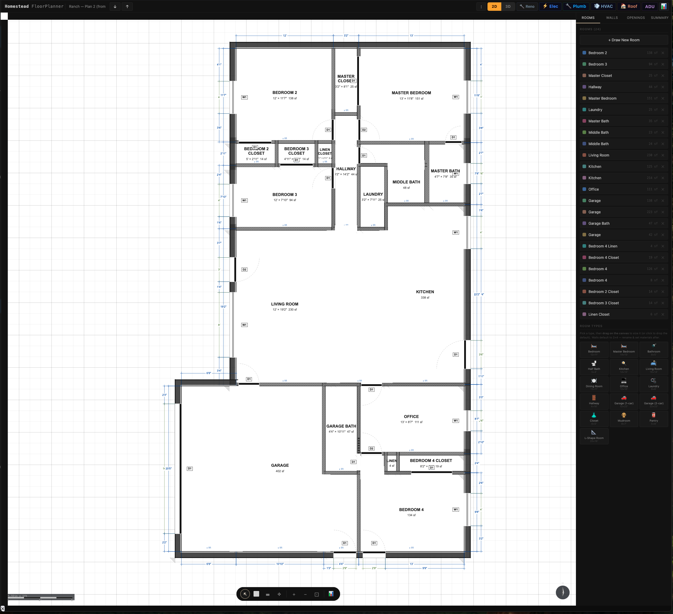 2D floor plan of a 1962 ranch house drawn on a white surface inside the dark tool interface, showing dimension strings, layered wall assemblies, door swings and window symbols, with a room schedule panel at the right.